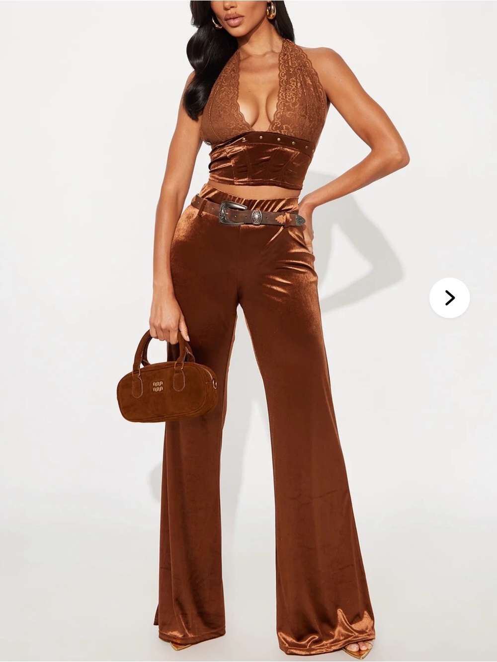 Fashion Nova Brown Velvet Wide Leg Jumpsuit